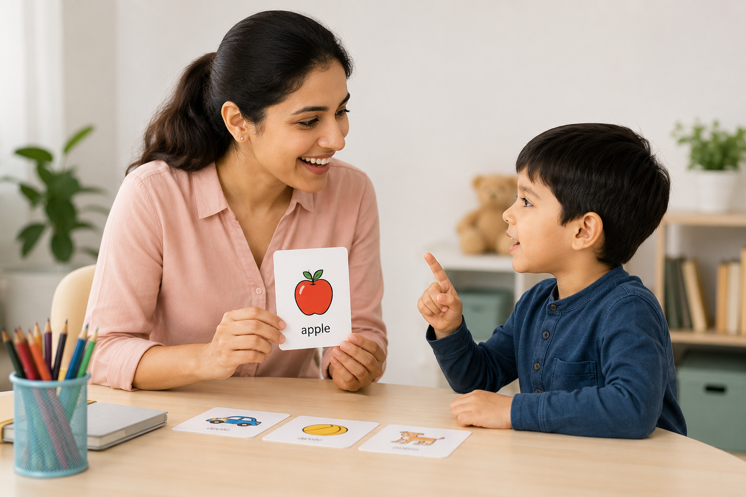 Speech therapist helping a child improve communication skills