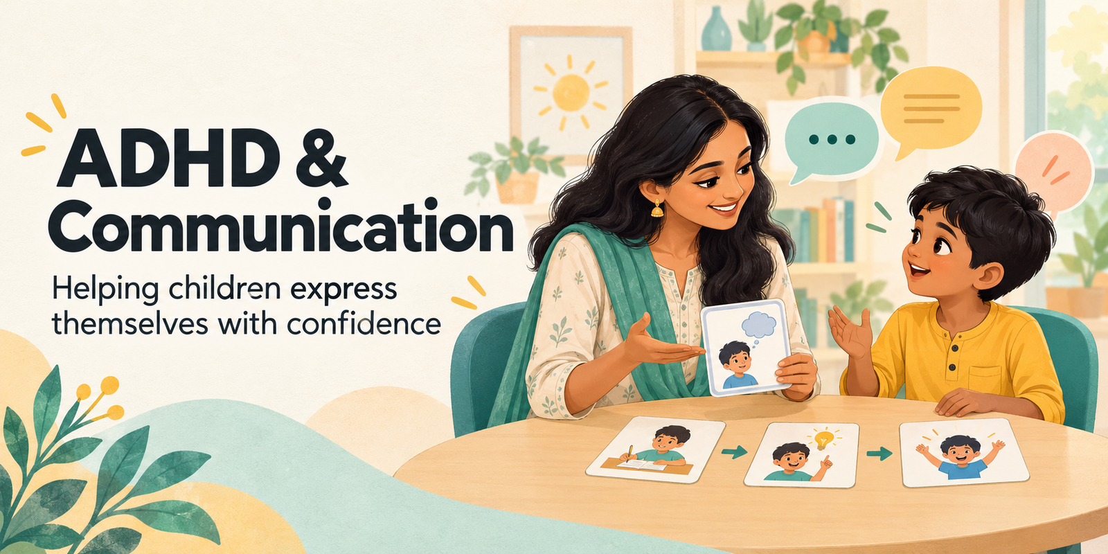 A speech-language therapist and child use visual story cards to support communication.